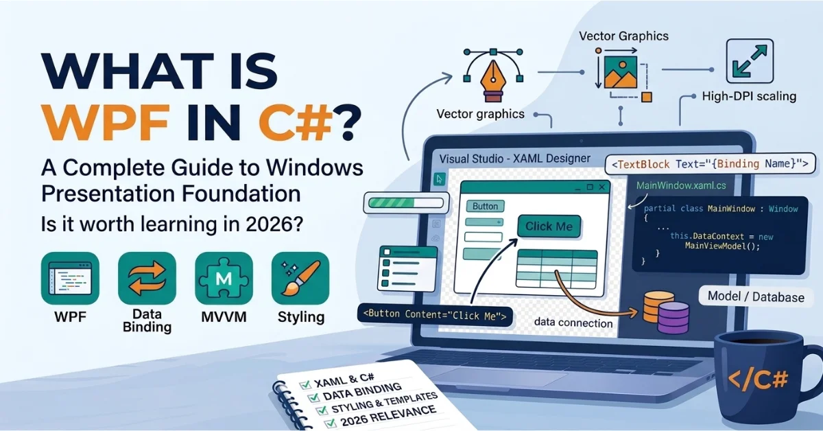 WPF in C# complete guide infographic featuring Visual Studio XAML designer, data binding architecture, MVVM pattern icons, and C# code logic on a laptop screen.